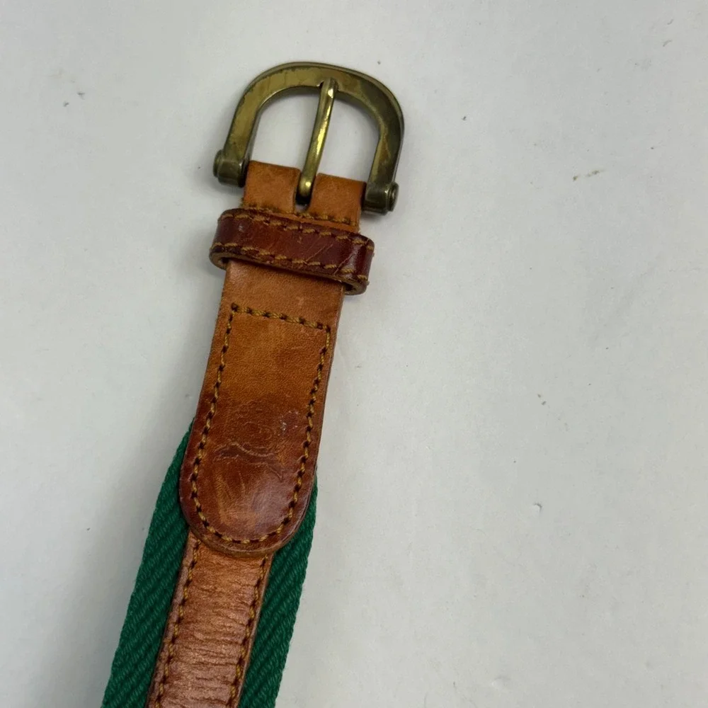 Christian Dior Vintage Mens Belt Green Canvas Tan Leather Spain 30 34 85 218923